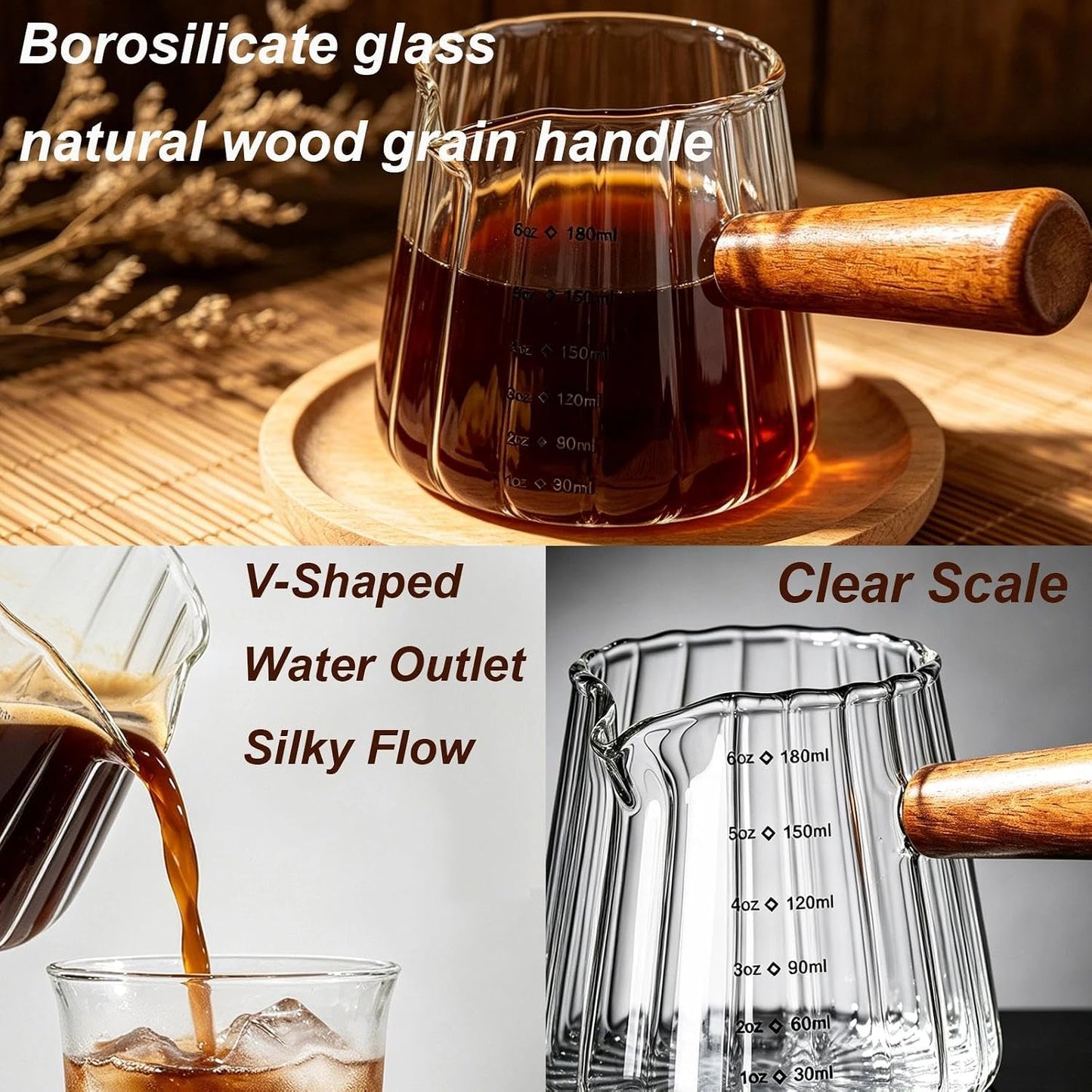 Wooden Handle Coffee Cup with Scale, Espresso Accessories Double Scale Glass Measuring Cup Milk Frother Glass Cup V-Shaped Espresso Cup