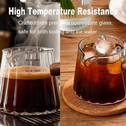 Wooden Handle Coffee Cup with Scale, Espresso Accessories Double Scale Glass Measuring Cup Milk Frother Glass Cup V-Shaped Espresso Cup