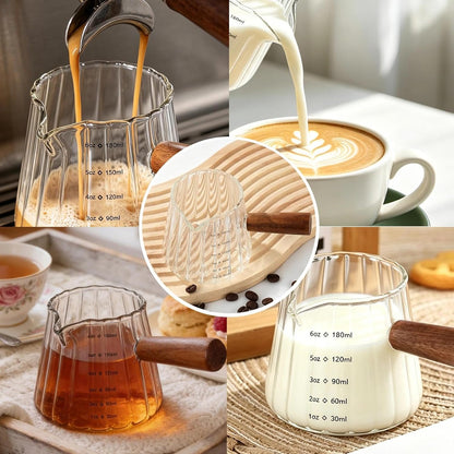 Wooden Handle Coffee Cup with Scale, Espresso Accessories Double Scale Glass Measuring Cup Milk Frother Glass Cup V-Shaped Espresso Cup
