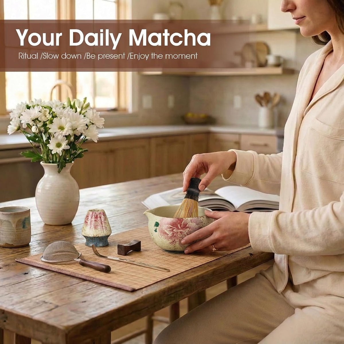 Matcha Set, 7-Piece Matcha Whisk Set with Bowl & 100-Prong Whisk