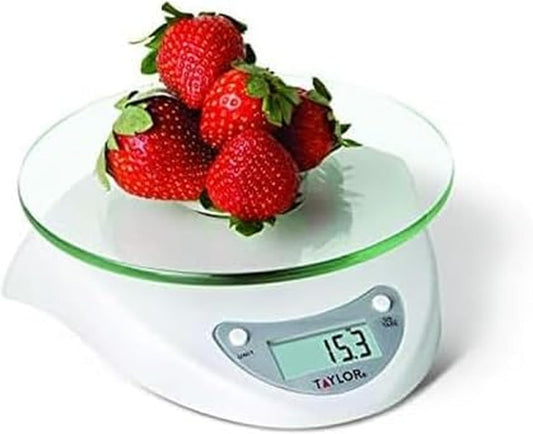 Digital Kitchen Scale with Glass Platform, Tare Button, and Plastic Body Weighs up to 11 Pounds Capacity, White