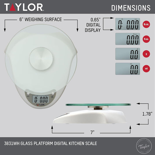 Digital Kitchen Scale with Glass Platform, Tare Button, and Plastic Body Weighs up to 11 Pounds Capacity, White