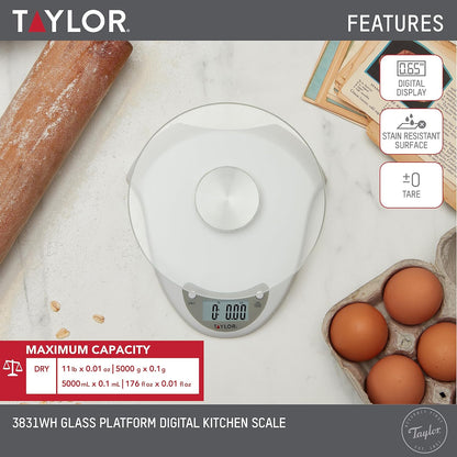 Digital Kitchen Scale with Glass Platform, Tare Button, and Plastic Body Weighs up to 11 Pounds Capacity, White