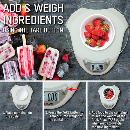 Digital Kitchen Scale with Glass Platform, Tare Button, and Plastic Body Weighs up to 11 Pounds Capacity, White
