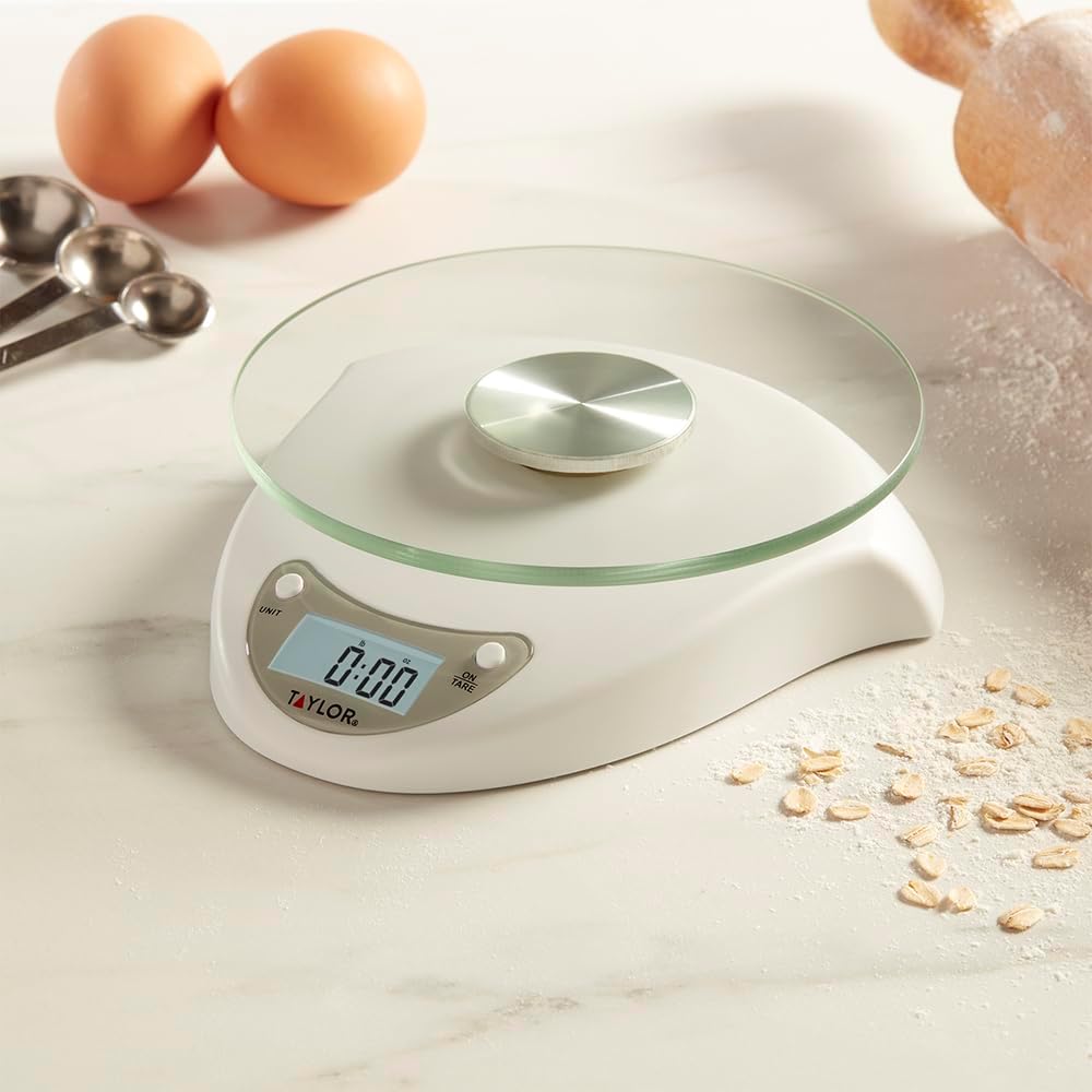 Digital Kitchen Scale with Glass Platform, Tare Button, and Plastic Body Weighs up to 11 Pounds Capacity, White