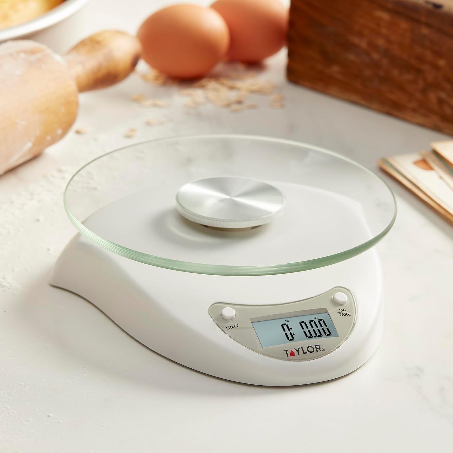 Digital Kitchen Scale with Glass Platform, Tare Button, and Plastic Body Weighs up to 11 Pounds Capacity, White