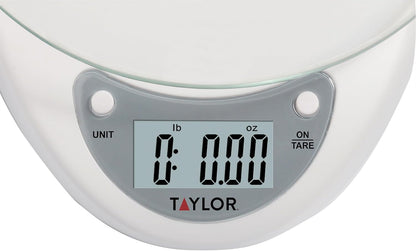 Digital Kitchen Scale with Glass Platform, Tare Button, and Plastic Body Weighs up to 11 Pounds Capacity, White