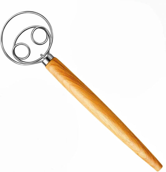 Danish Dough Whisk, 13-inch wood handle Stainless Steel Dough Hook Dutch Whisk for Bread Sourdough Mixer Hand Wooden Handle Kitchen Whisking Mixing Tool