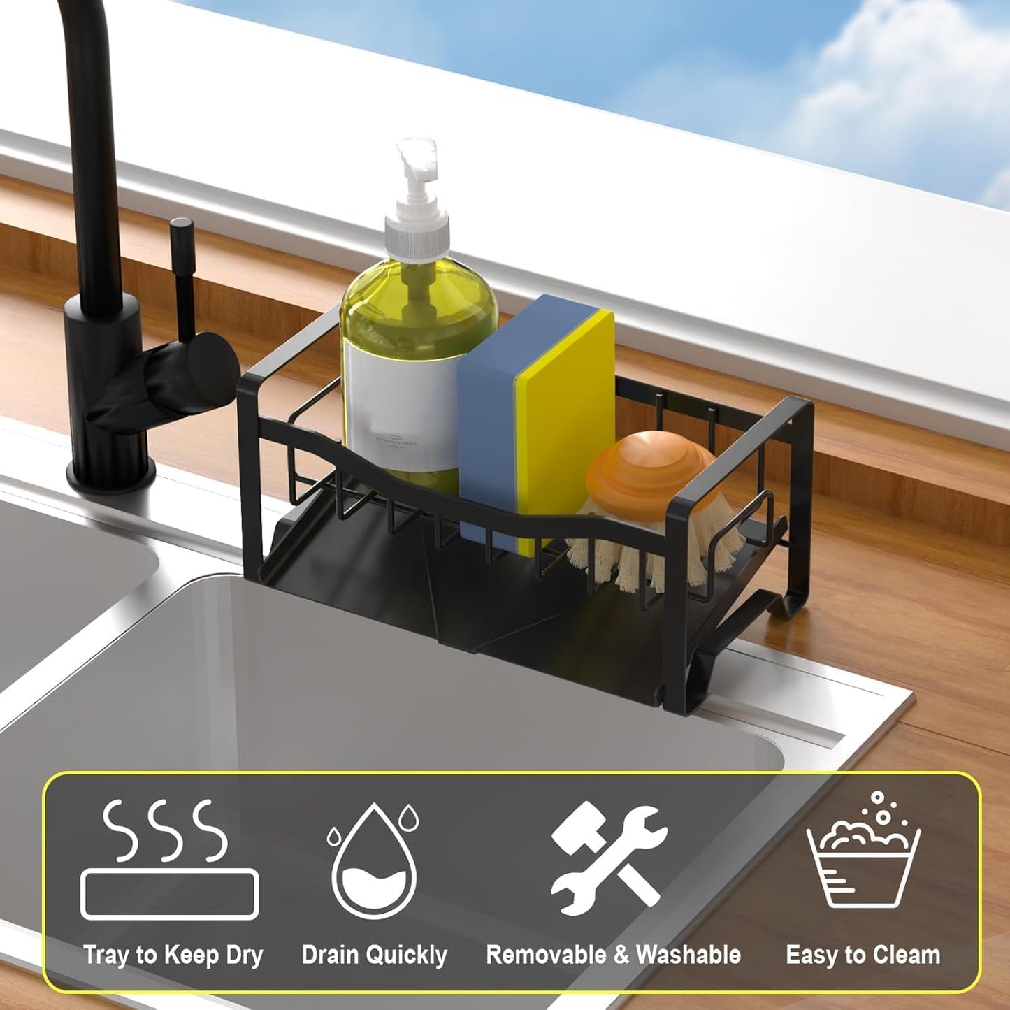 Stainless Steel Kitchen Sink Caddy Organizer with Auto Drain Tray, Sponge Holder for Countertop Storage