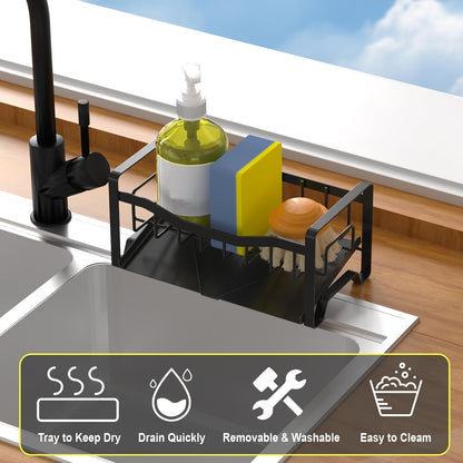 Stainless Steel Kitchen Sink Caddy Organizer with Auto Drain Tray, Sponge Holder for Countertop Storage