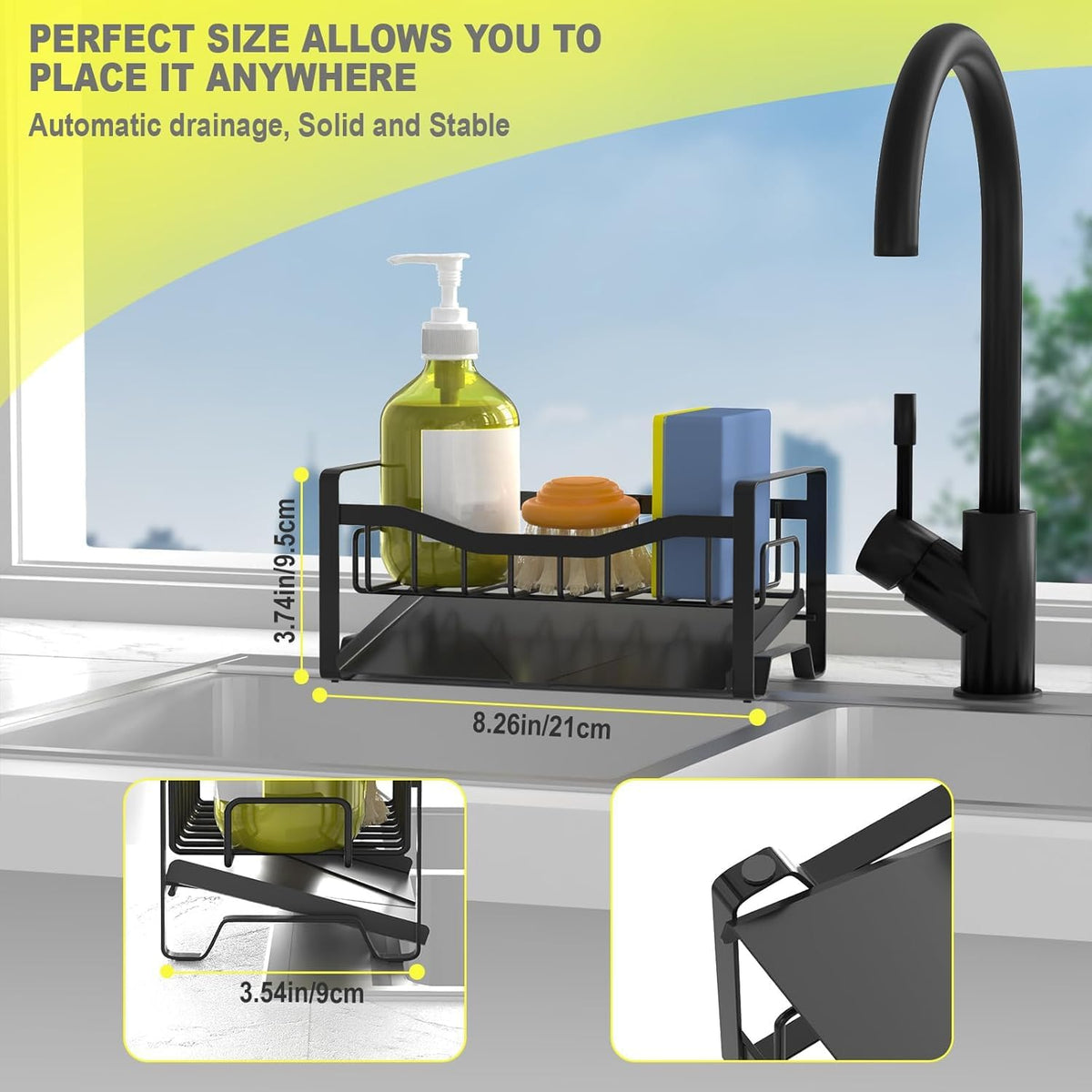 Stainless Steel Kitchen Sink Caddy Organizer with Auto Drain Tray, Sponge Holder for Countertop Storage