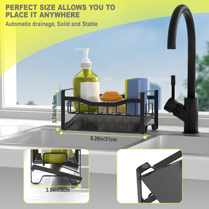 Stainless Steel Kitchen Sink Caddy Organizer with Auto Drain Tray, Sponge Holder for Countertop Storage