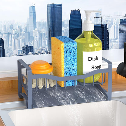 Stainless Steel Kitchen Sink Caddy Organizer with Auto Drain Tray, Sponge Holder for Countertop Storage