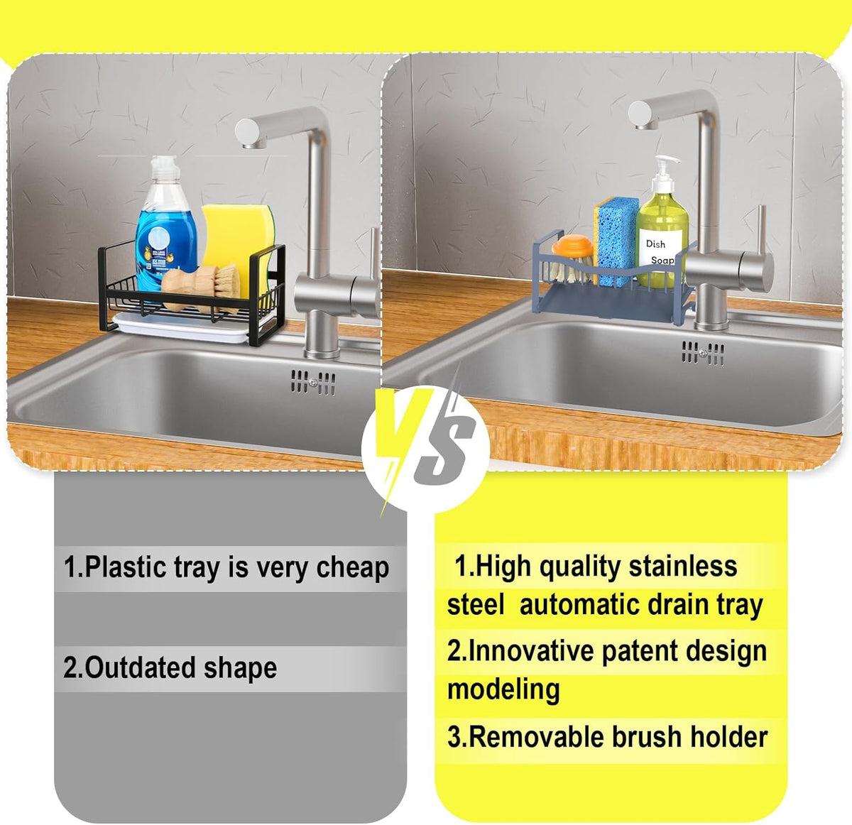 Stainless Steel Kitchen Sink Caddy Organizer with Auto Drain Tray, Sponge Holder for Countertop Storage