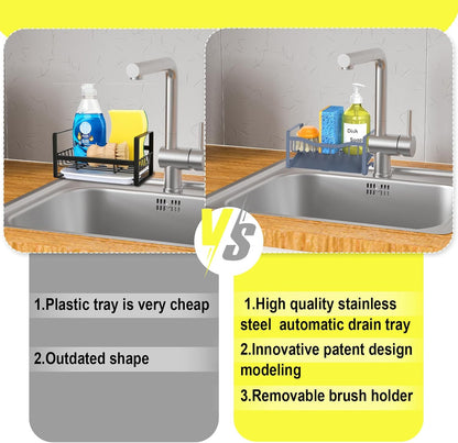 Stainless Steel Kitchen Sink Caddy Organizer with Auto Drain Tray, Sponge Holder for Countertop Storage