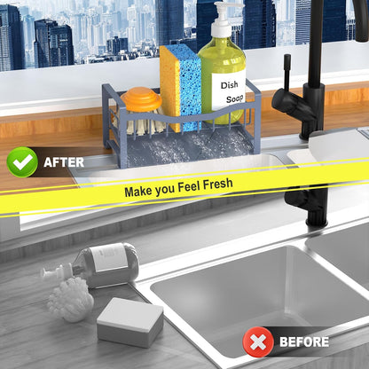 Stainless Steel Kitchen Sink Caddy Organizer with Auto Drain Tray, Sponge Holder for Countertop Storage