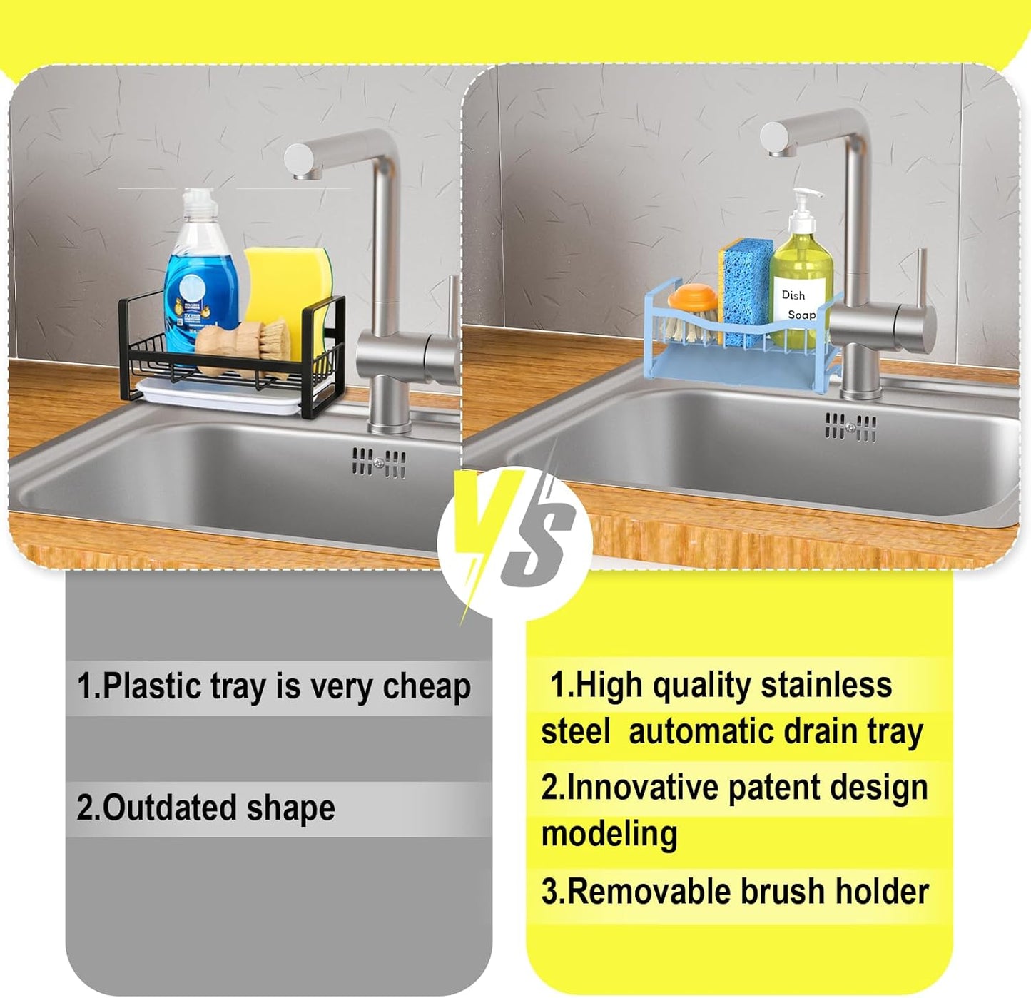 Stainless Steel Kitchen Sink Caddy Organizer with Auto Drain Tray, Sponge Holder for Countertop Storage