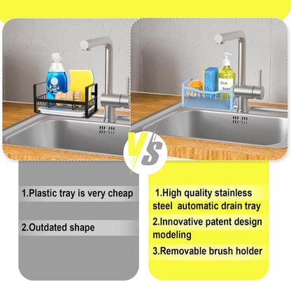 Stainless Steel Kitchen Sink Caddy Organizer with Auto Drain Tray, Sponge Holder for Countertop Storage