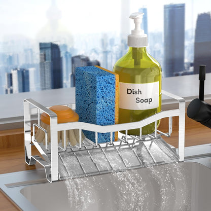 Stainless Steel Kitchen Sink Caddy Organizer with Auto Drain Tray, Sponge Holder for Countertop Storage