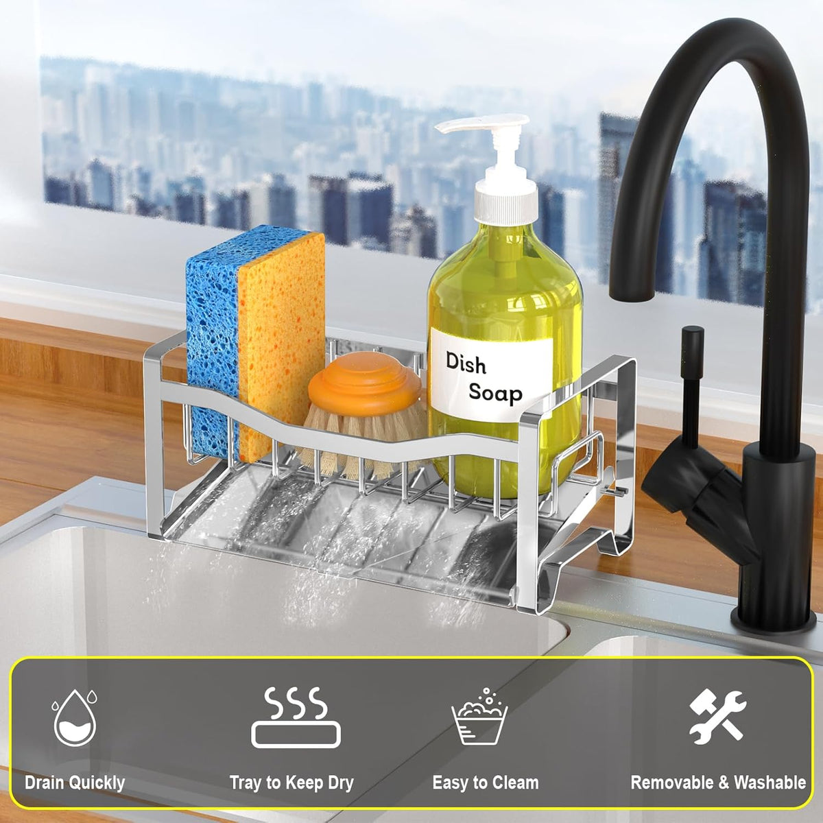 Stainless Steel Kitchen Sink Caddy Organizer with Auto Drain Tray, Sponge Holder for Countertop Storage