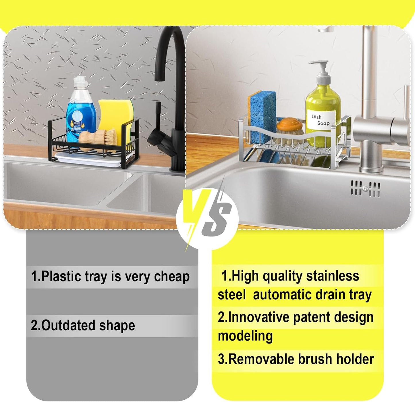 Stainless Steel Kitchen Sink Caddy Organizer with Auto Drain Tray, Sponge Holder for Countertop Storage
