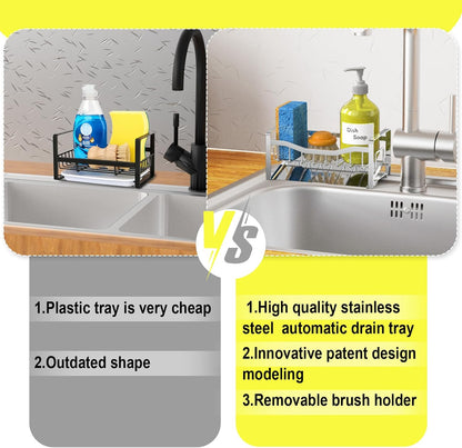 Stainless Steel Kitchen Sink Caddy Organizer with Auto Drain Tray, Sponge Holder for Countertop Storage