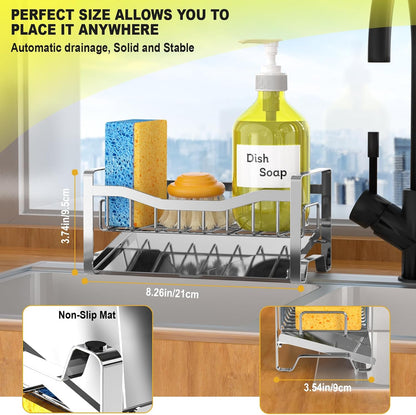 Stainless Steel Kitchen Sink Caddy Organizer with Auto Drain Tray, Sponge Holder for Countertop Storage