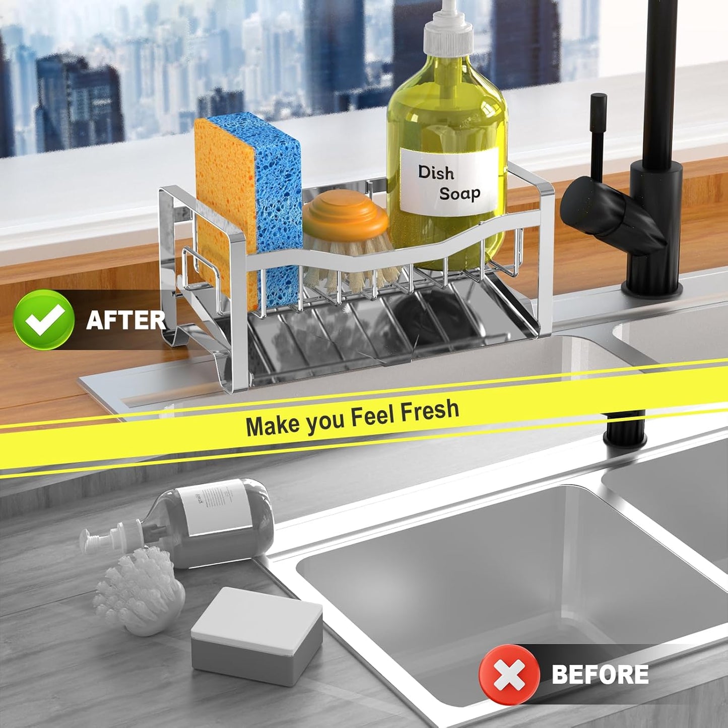 Stainless Steel Kitchen Sink Caddy Organizer with Auto Drain Tray, Sponge Holder for Countertop Storage