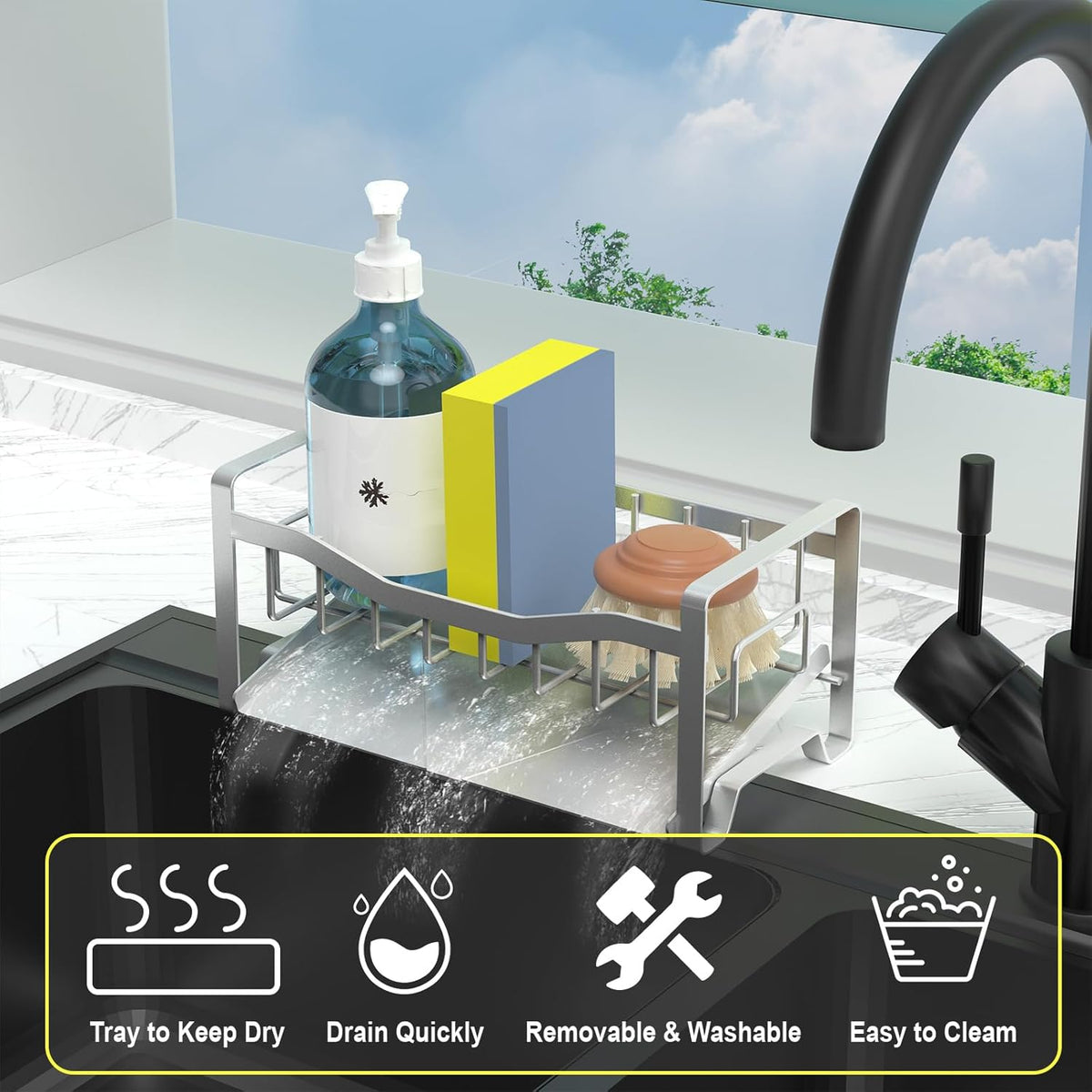 Stainless Steel Kitchen Sink Caddy Organizer with Auto Drain Tray, Sponge Holder for Countertop Storage