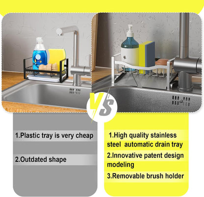 Stainless Steel Kitchen Sink Caddy Organizer with Auto Drain Tray, Sponge Holder for Countertop Storage