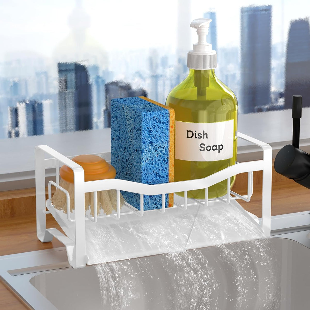 Stainless Steel Kitchen Sink Caddy Organizer with Auto Drain Tray, Sponge Holder for Countertop Storage