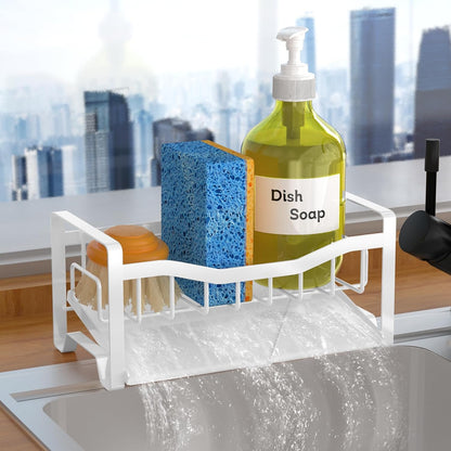 Stainless Steel Kitchen Sink Caddy Organizer with Auto Drain Tray, Sponge Holder for Countertop Storage