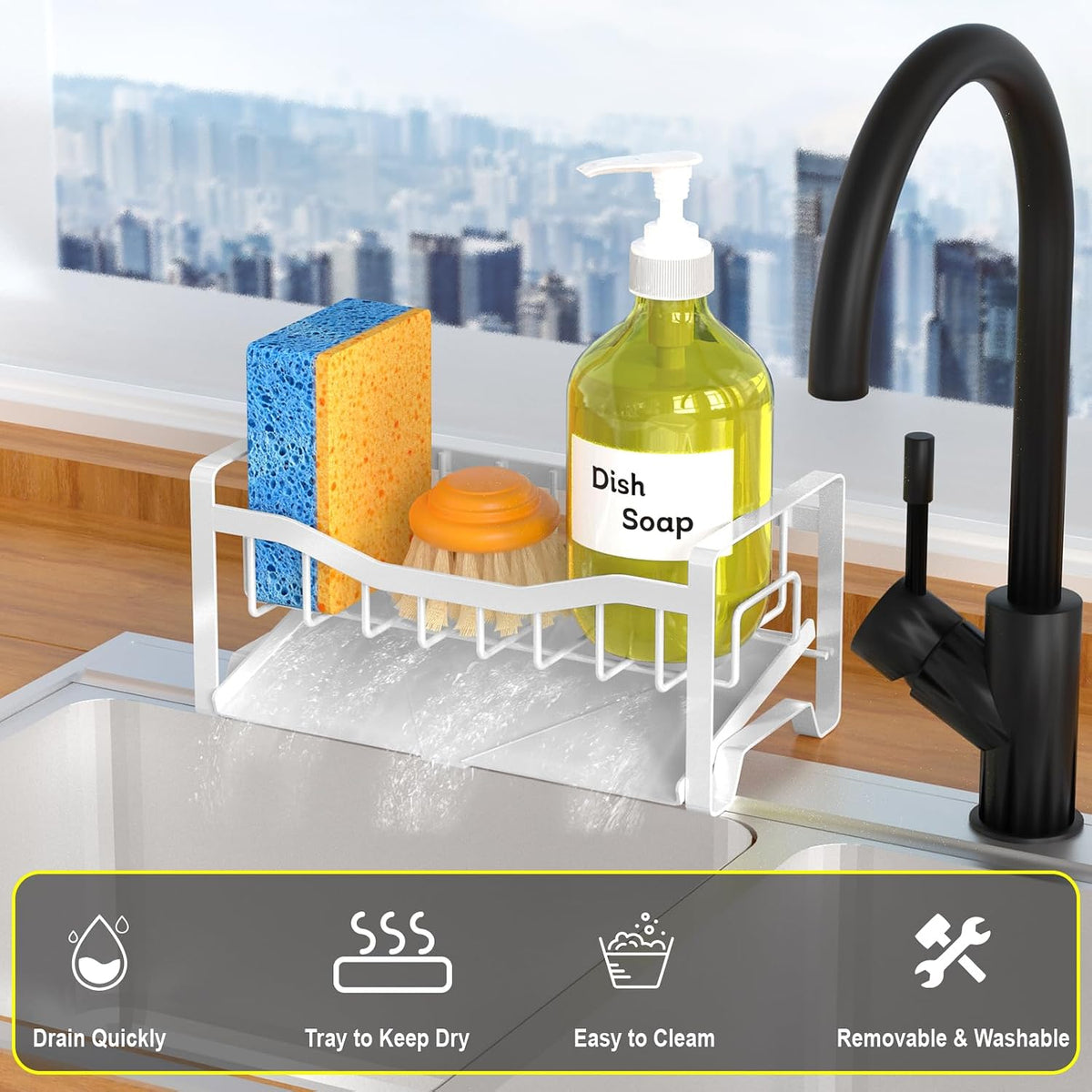 Stainless Steel Kitchen Sink Caddy Organizer with Auto Drain Tray, Sponge Holder for Countertop Storage