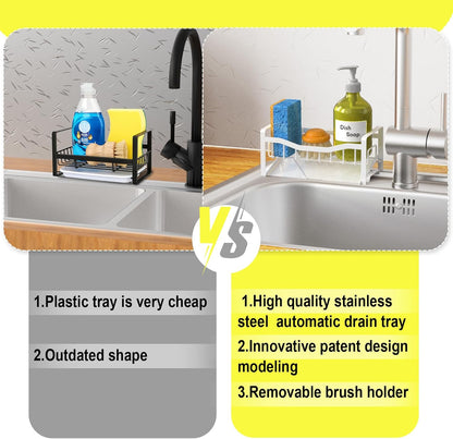 Stainless Steel Kitchen Sink Caddy Organizer with Auto Drain Tray, Sponge Holder for Countertop Storage