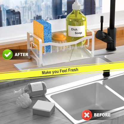 Stainless Steel Kitchen Sink Caddy Organizer with Auto Drain Tray, Sponge Holder for Countertop Storage