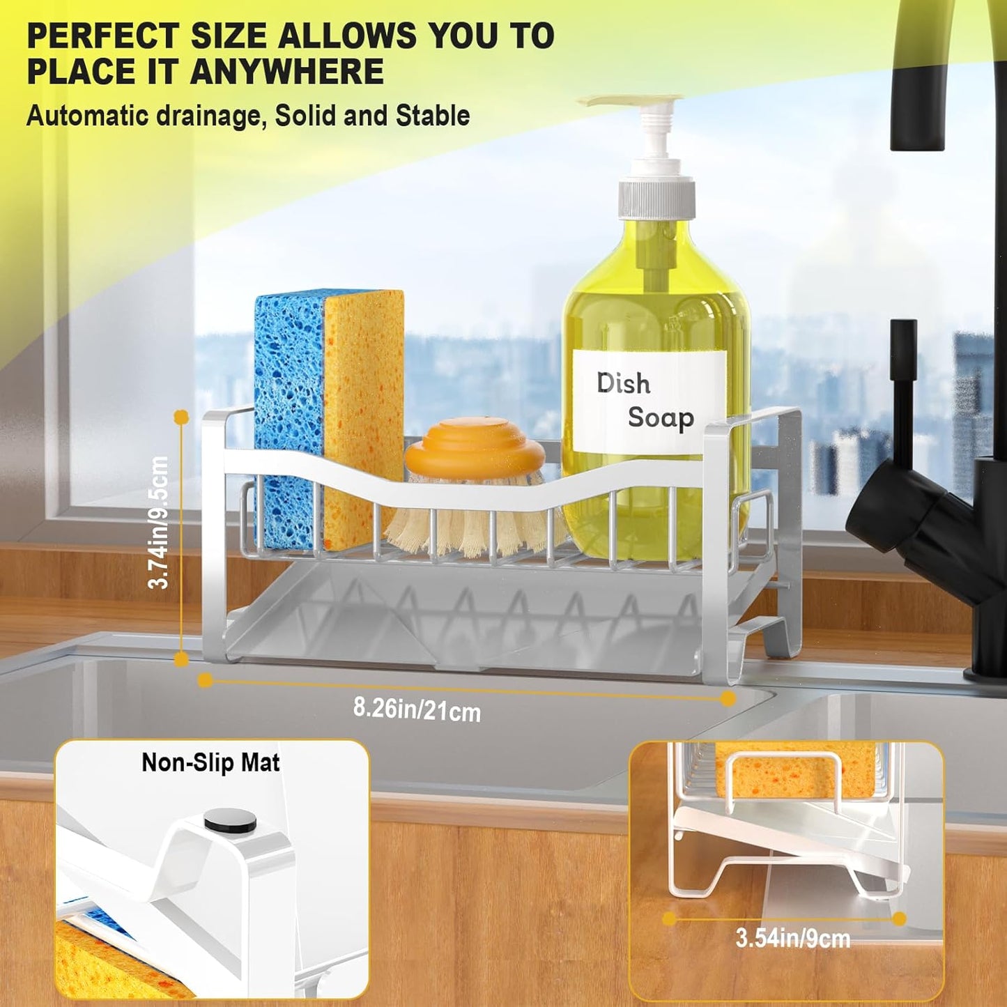 Stainless Steel Kitchen Sink Caddy Organizer with Auto Drain Tray, Sponge Holder for Countertop Storage