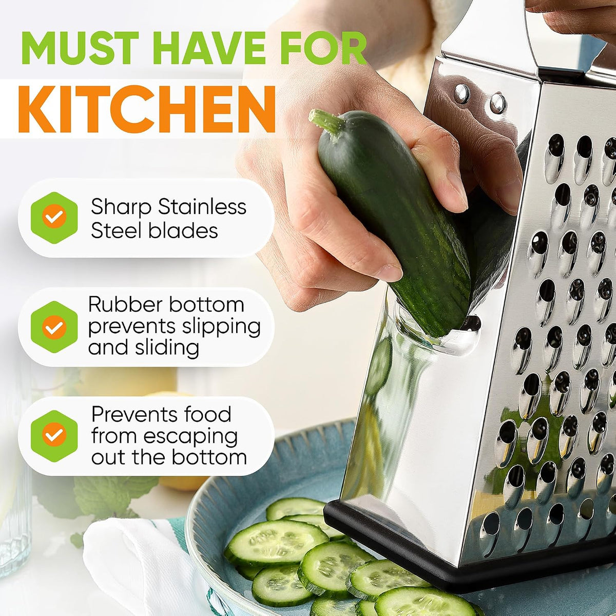 Stainless Steel Cheese Grater, Large Box Grater for Kitchen