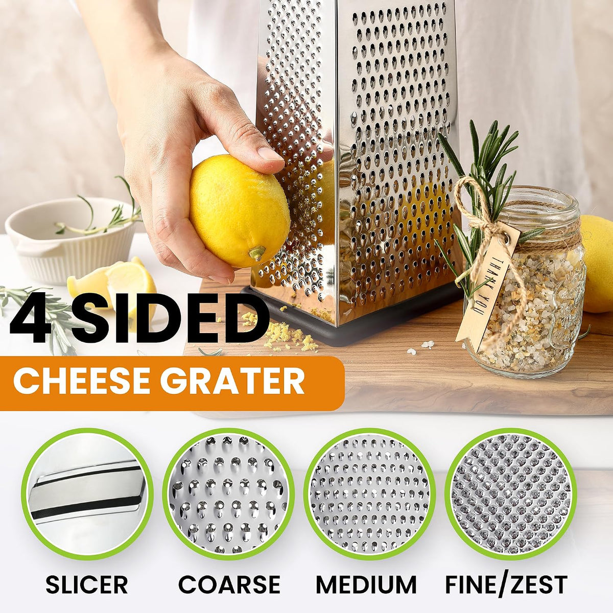 Stainless Steel Cheese Grater, Large Box Grater for Kitchen