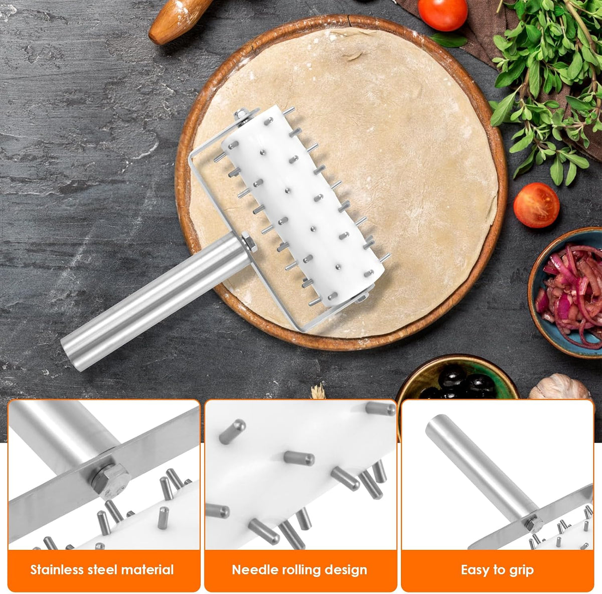 Stainless Steel Pizza Dough Docker with Spikes, Professional Pizza Dough Roller, Ergonomic Pizza Roller, Multifunctional Pizza Docker, Pizza Dough Press for Making Pizza Cookie Pie Pastry, Silver