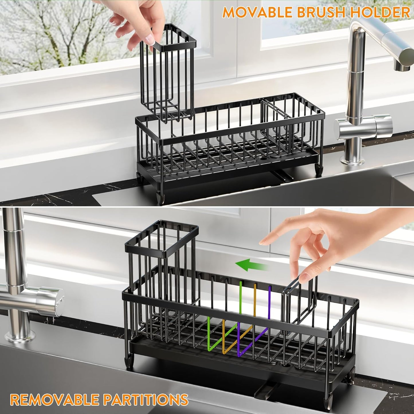 Cisily Sponge Holder for Kitchen Sink, Sink Caddy Organizer with High Brush Holder, Kitchen Countertop Organizers and Storage Essentials, Rustproof 304 Stainless Steel (Black, 9.25″)