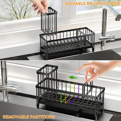 Cisily Sponge Holder for Kitchen Sink, Sink Caddy Organizer with High Brush Holder, Kitchen Countertop Organizers and Storage Essentials, Rustproof 304 Stainless Steel (Black, 9.25″)
