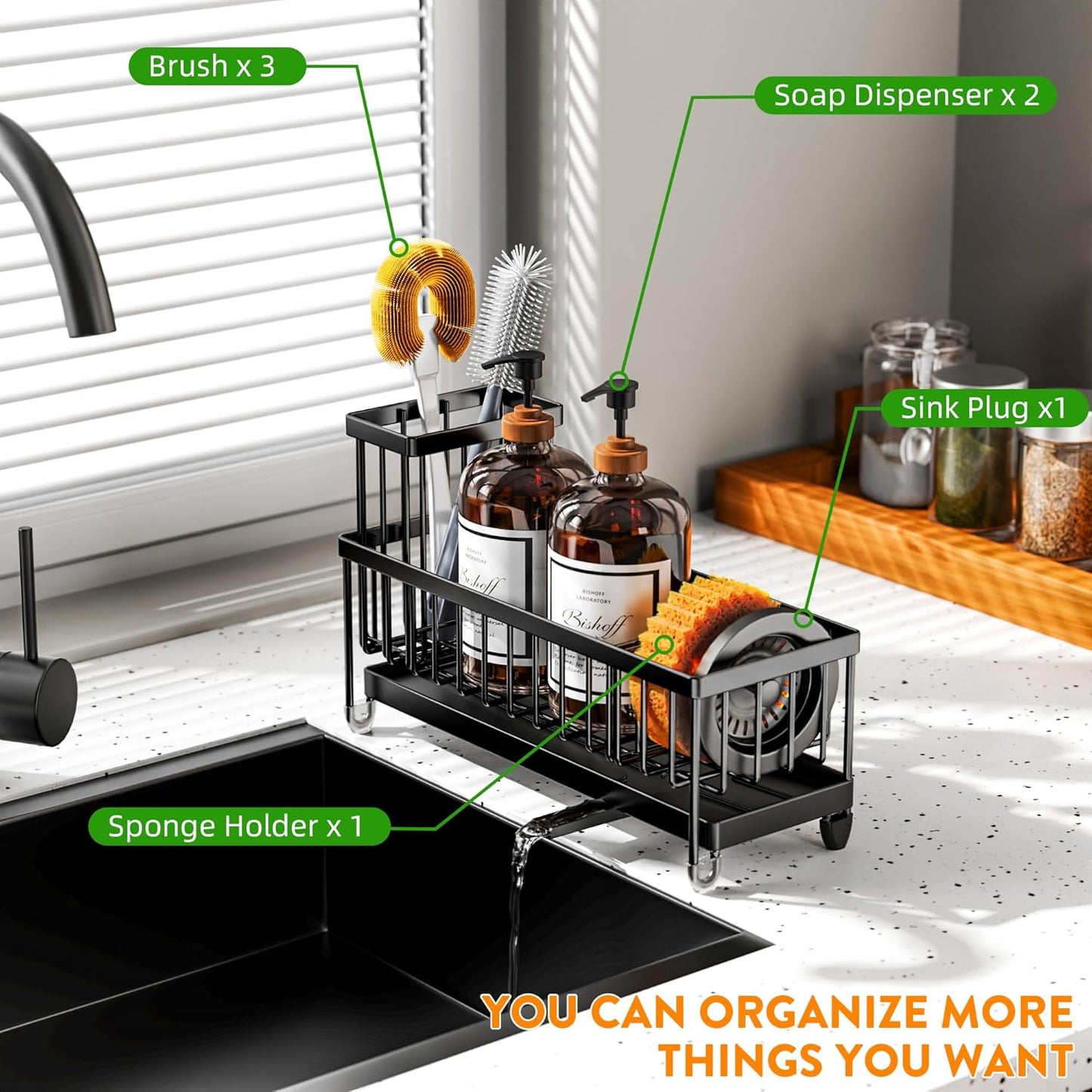 Cisily Sponge Holder for Kitchen Sink, Sink Caddy Organizer with High Brush Holder, Kitchen Countertop Organizers and Storage Essentials, Rustproof 304 Stainless Steel (Black, 9.25″)