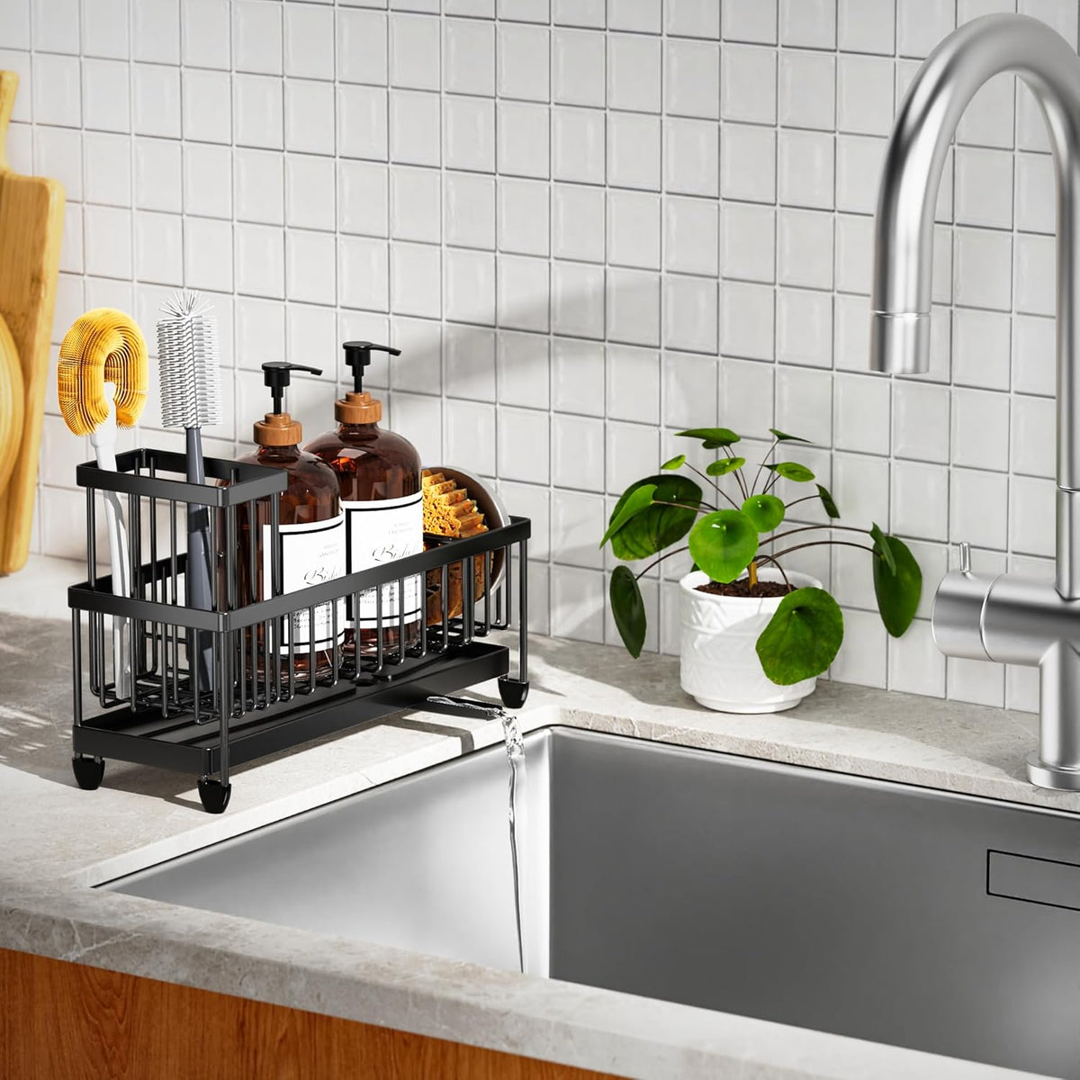 Cisily Sponge Holder for Kitchen Sink, Sink Caddy Organizer with High Brush Holder, Kitchen Countertop Organizers and Storage Essentials, Rustproof 304 Stainless Steel (Black, 9.25″)