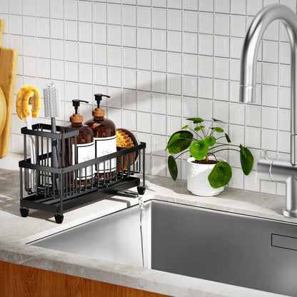 Cisily Sponge Holder for Kitchen Sink, Sink Caddy Organizer with High Brush Holder, Kitchen Countertop Organizers and Storage Essentials, Rustproof 304 Stainless Steel (Black, 9.25″)