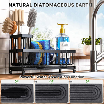 Cisily Sponge Holder for Kitchen Sink, Sink Caddy Organizer with High Brush Holder, Kitchen Countertop Organizers and Storage Essentials, Rustproof 304 Stainless Steel (Black, 9.25″)
