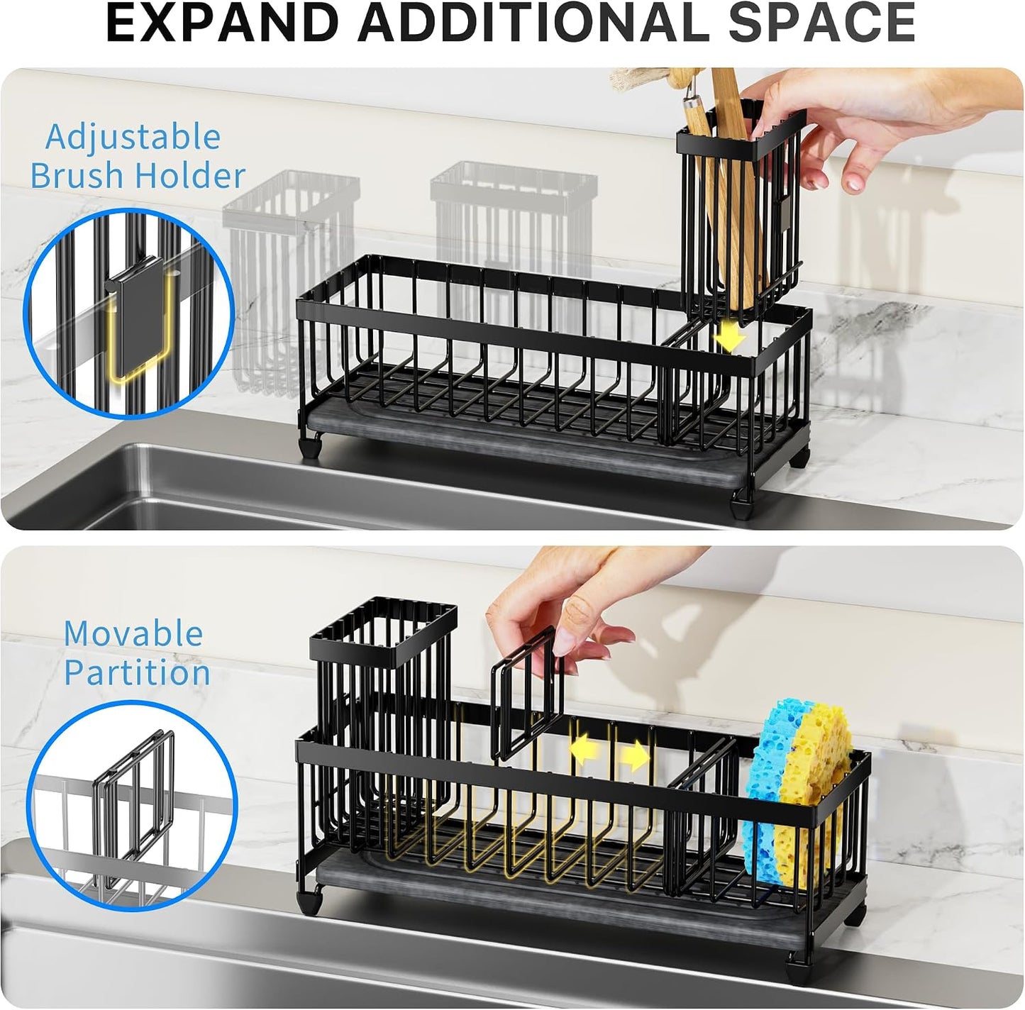 Cisily Sponge Holder for Kitchen Sink, Sink Caddy Organizer with High Brush Holder, Kitchen Countertop Organizers and Storage Essentials, Rustproof 304 Stainless Steel (Black, 9.25″)