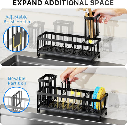 Cisily Sponge Holder for Kitchen Sink, Sink Caddy Organizer with High Brush Holder, Kitchen Countertop Organizers and Storage Essentials, Rustproof 304 Stainless Steel (Black, 9.25″)