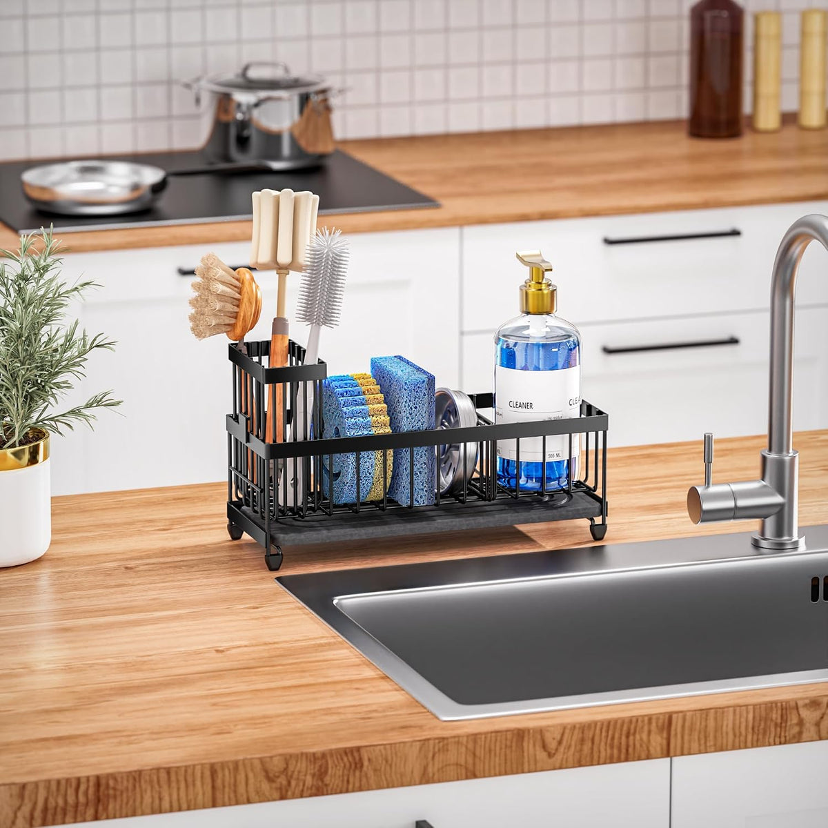 Cisily Sponge Holder for Kitchen Sink, Sink Caddy Organizer with High Brush Holder, Kitchen Countertop Organizers and Storage Essentials, Rustproof 304 Stainless Steel (Black, 9.25″)