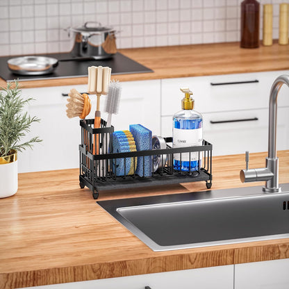 Cisily Sponge Holder for Kitchen Sink, Sink Caddy Organizer with High Brush Holder, Kitchen Countertop Organizers and Storage Essentials, Rustproof 304 Stainless Steel (Black, 9.25″)
