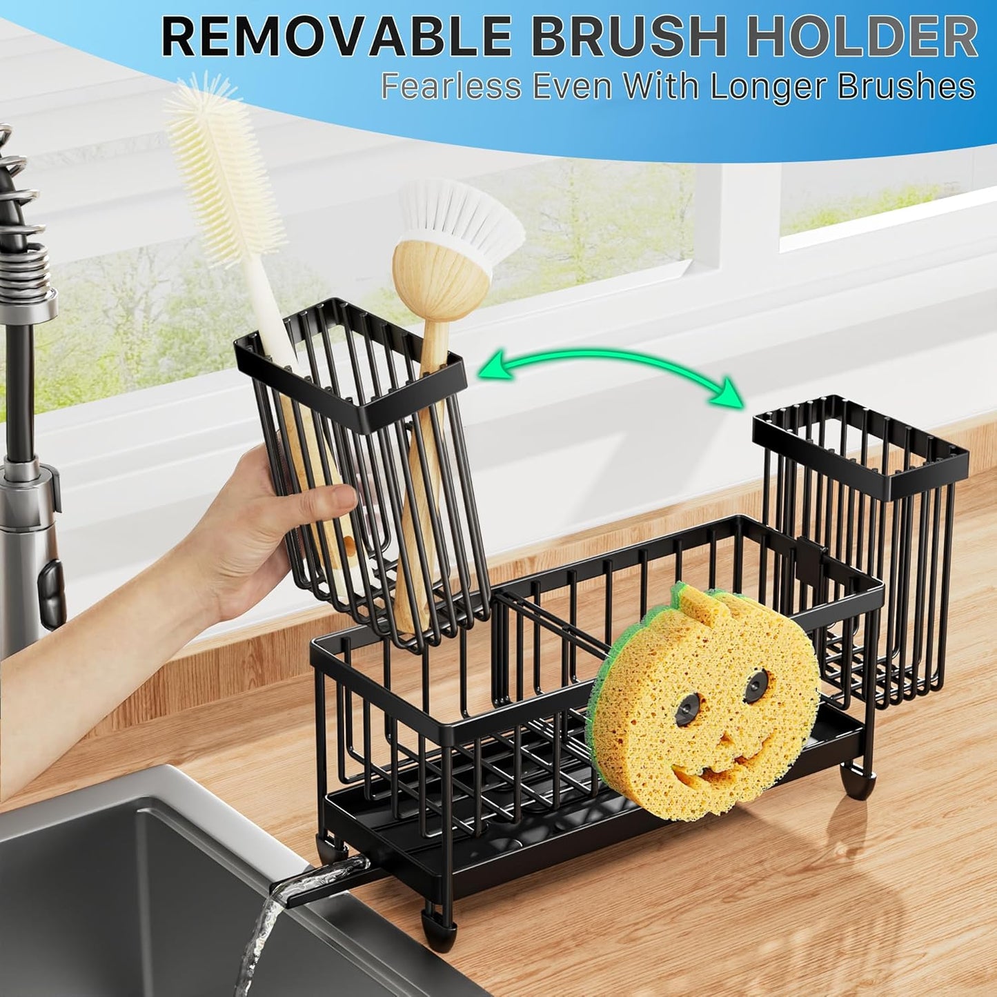 Cisily Sponge Holder for Kitchen Sink, Sink Caddy Organizer with High Brush Holder, Kitchen Countertop Organizers and Storage Essentials, Rustproof 304 Stainless Steel (Black, 9.25″)